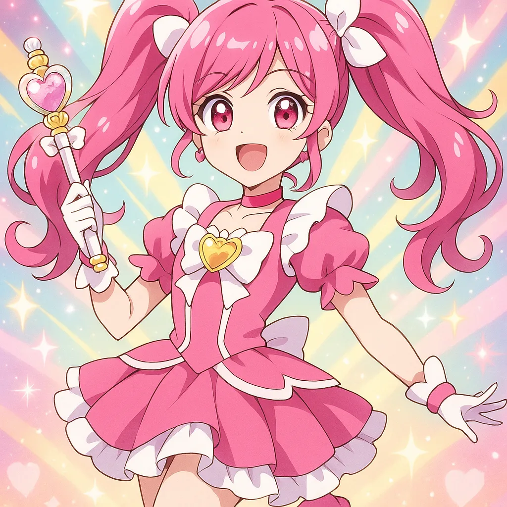 ピンク色のツインテールをリボンで結んだ明るい表情の魔法少女が、ハートのステッキを持ってポーズを決めている。背景は虹色のキラキラした変身バンク風。