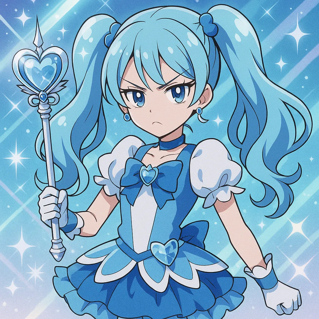 水色のツインテールをハートの飾りで結んだ魔法少女が、氷をイメージした衣装で真剣な表情をしている。背景は青を基調とした星や光が広がる幻想的な空間。